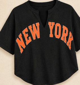 Black cropped New York graphic tee with orange lettering