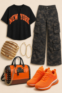 outfit pin showing how to style camo cargo pants with orange sneakers and gold accessories