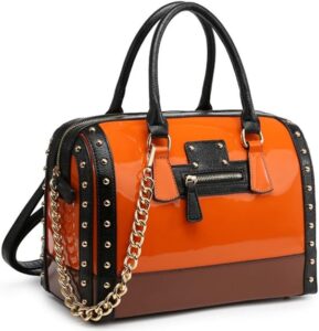 Orange and black structured handbag with gold chain detail