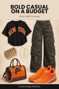 Pinterest collage showing a bold casual outfit with camo cargo pants, black New York graphic tee, orange sneakers, orange handbag, gold hoops, and gold bangles
