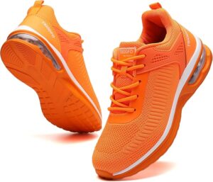 Bright orange athletic sneakers with white sole detail